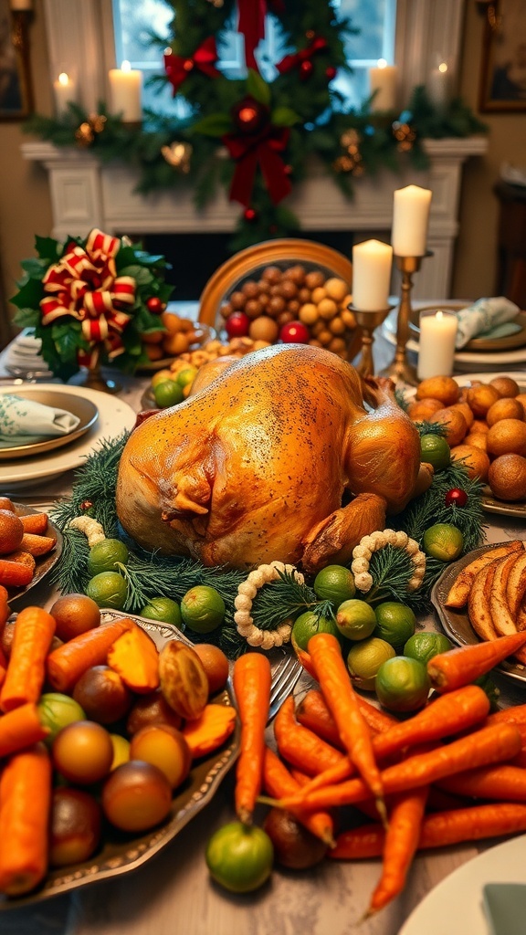 A festive British Christmas dinner with roast turkey, potatoes, Brussels sprouts, and carrots on a decorated table.